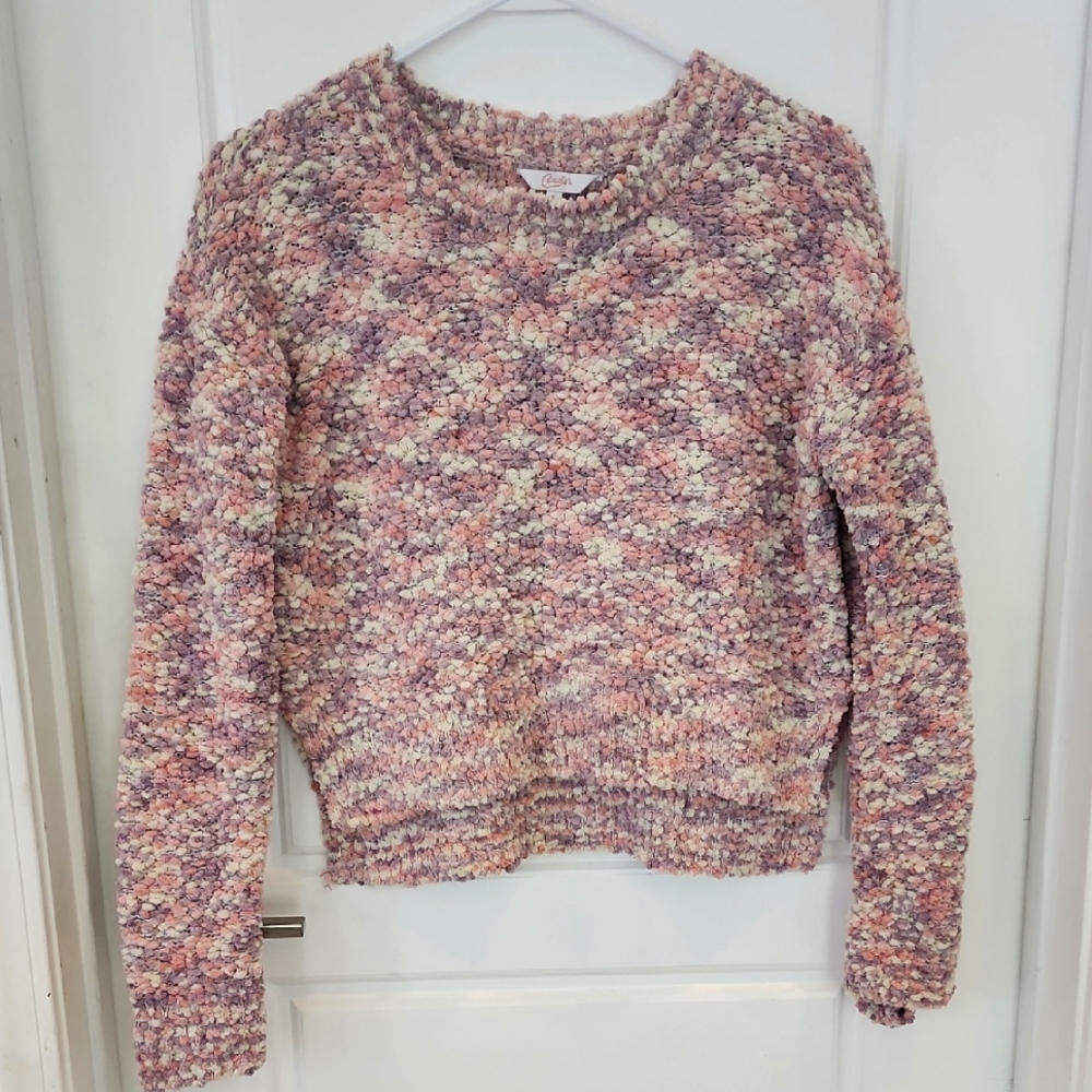 Pink and White Chunky Knit Crew Neck Sweater